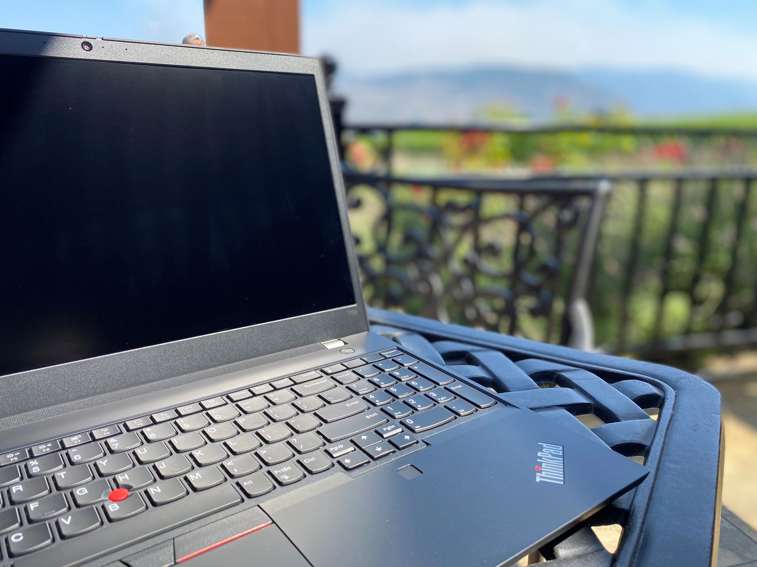 Business laptop overlooking a vineyard